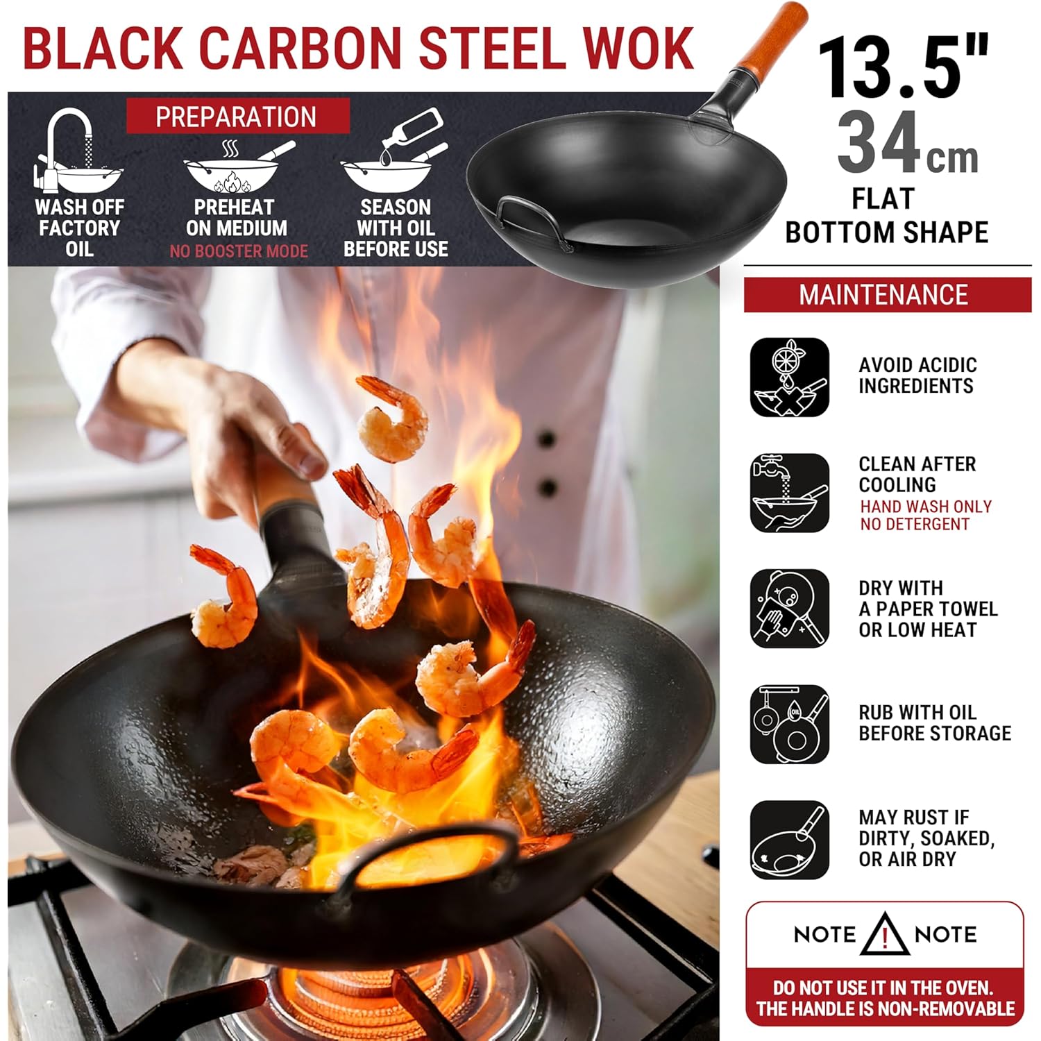 YOSUKATA 13.5" Carbon Steel Wok Pan – Pre-Seasoned Flat Bottom Pow Wok for Stir Fry, BBQ, Grill & Camping – Traditional Japanese Chinese Cookware – Compatible with Induction, Electric, Gas, Open Fire