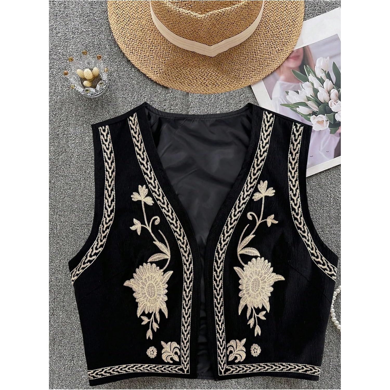 Verdusa Women'S Cowgirl Vest Western Outfit Linen Vest Embroidered Boho Tops