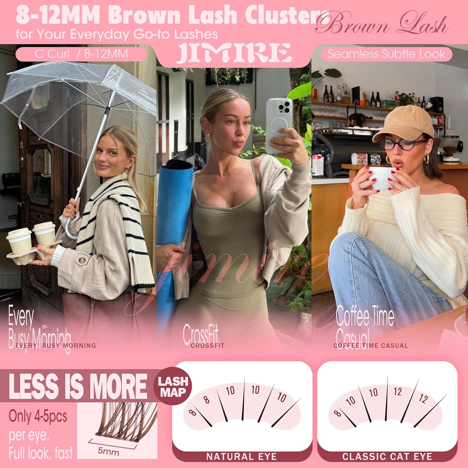 Brown Lash Clusters 8-12MM Short Lashes Clusters Wispy Individual Lashes with Clear Band C-Curly Cluster Eyelash Extensions 120Pcs DIY Lash Extensions at Home by JIMIRE