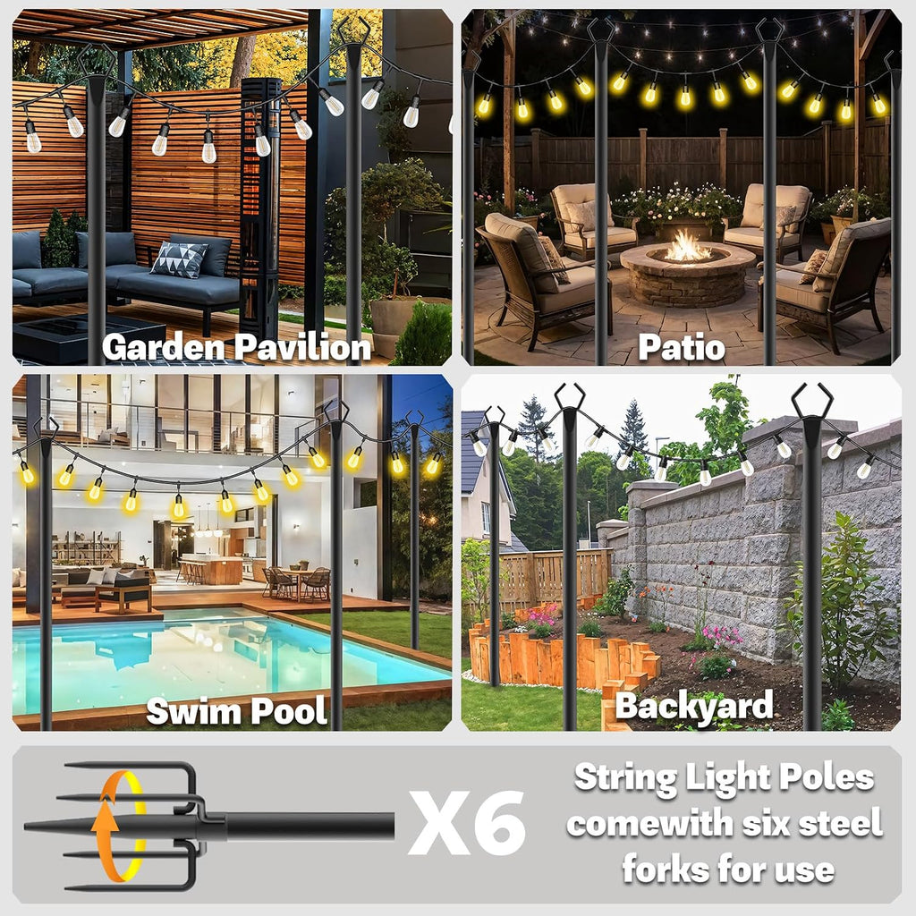 6 Pack 10 Ft Heavy Duty Metal String Light Poles Adjustable Outdoor Lighting Stand For Patio,Backyard,Garden,Party & Wedding Rustproof & Sturdy With Hooks