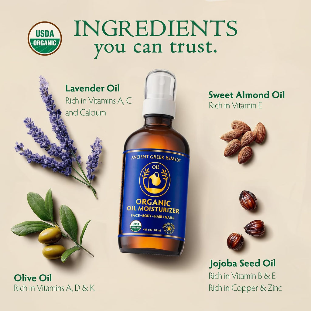 Ancient Greek Remedy Body Oil - Organic After Shower Face Oil & Body Moisturizer For Dry Skin - Almond, Jojoba, Olive, Lavender, Vitamin E Oils - Natural Clean Facial Skincare For Women & Men 4 Oz