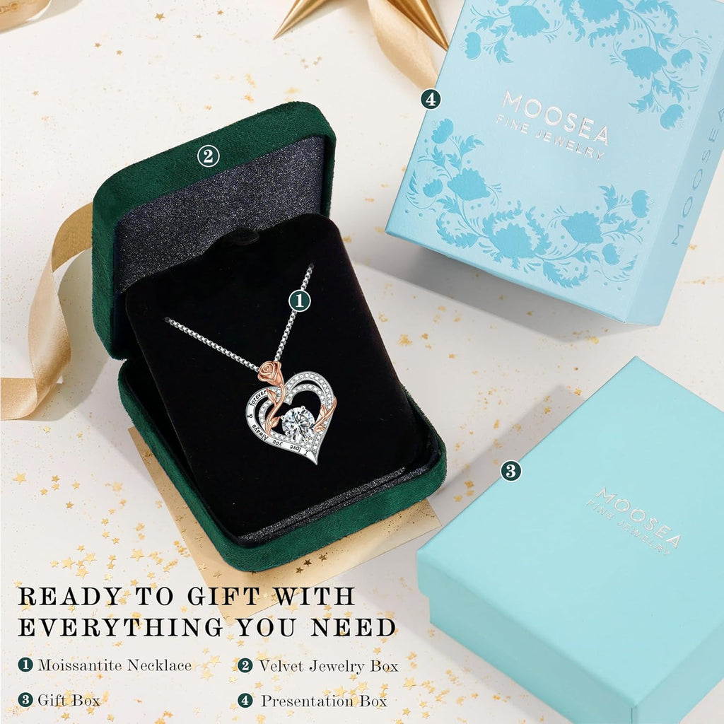 MOOSEA Mothers Day Gifts - 1-3 ct Moissanite Necklace for Women, 925 Sterling Silver Rose Heart Lab Created Moissanite Necklace, Anniversary Birthday Gifts for Women Mom Wife Girlfriend Grandma