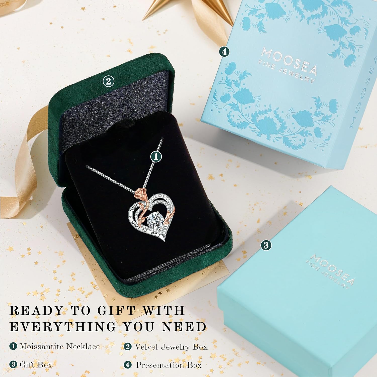 MOOSEA Mothers Day Gifts - 1-3 ct Moissanite Necklace for Women, 925 Sterling Silver Rose Heart Lab Created Moissanite Necklace, Anniversary Birthday Gifts for Women Mom Wife Girlfriend Grandma