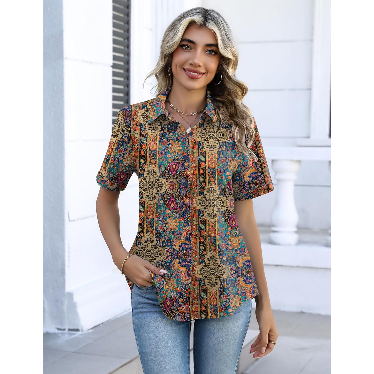 Button Down Shirts for Women Short Sleeve Collared Tops Dressy Casual V Neck Blouses