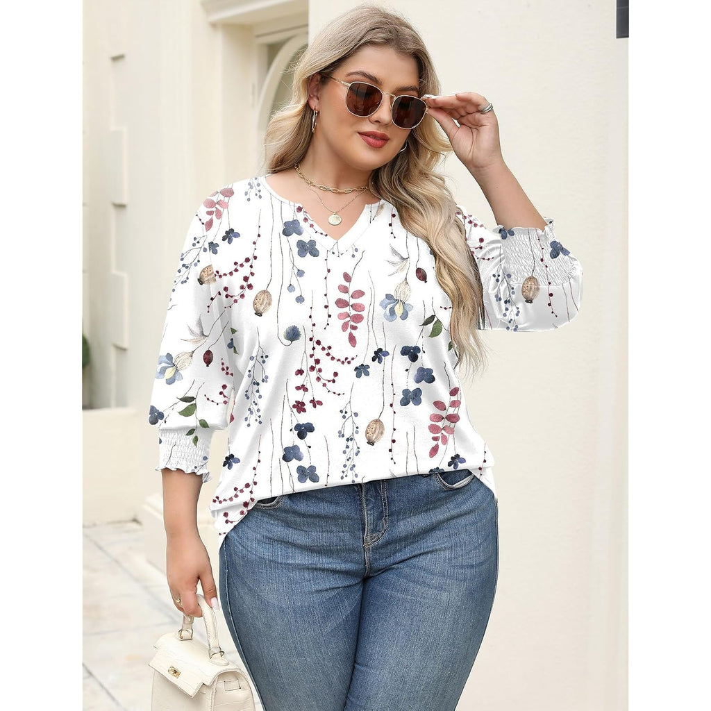 Rapbin Womens Plus Size Tops 3/4 Sleeve Blouses Shirts Casual V Neck Loose Tunic Tops 1X-5X
