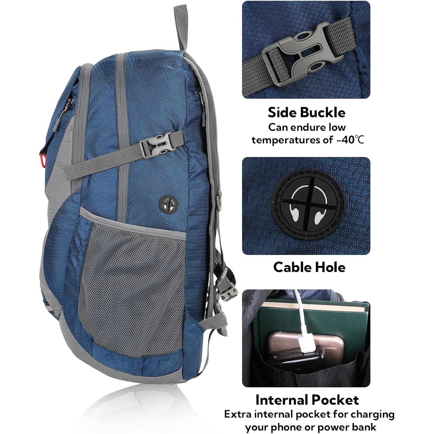 Waterfly Lightweight Packable Hiking Backpack, 30L Day Pack Blue | Water Resistant Foldable Travel Daypack With Multiple Pockets, Wet Pocket, Ultralight Day Pack For Woman Man, Everyday Carry