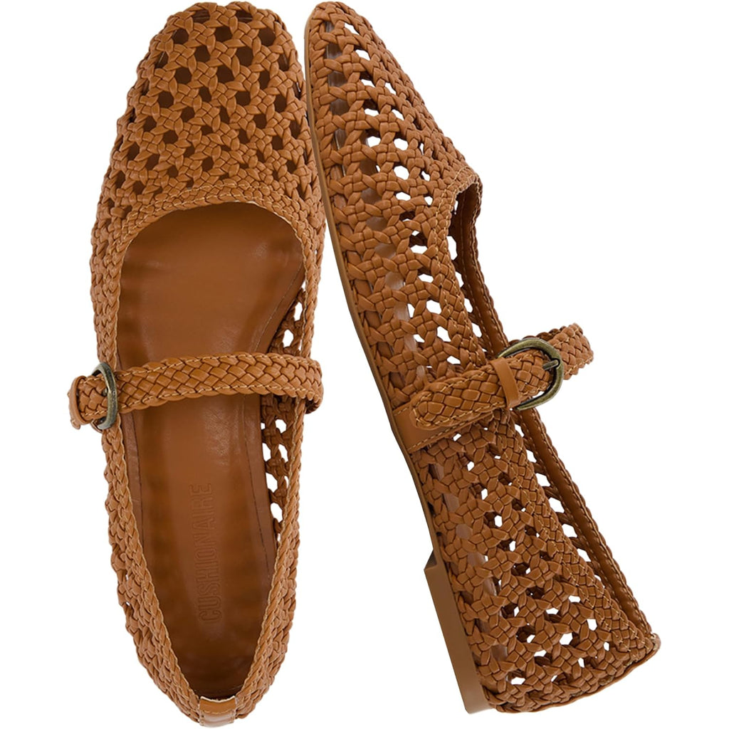 Cushionaire Weston Hand Woven Mary Jane Flats For Women, Comfortable Dressy Ballet Flats With Braided Adjustable Buckle And Memory Foam Cushioning