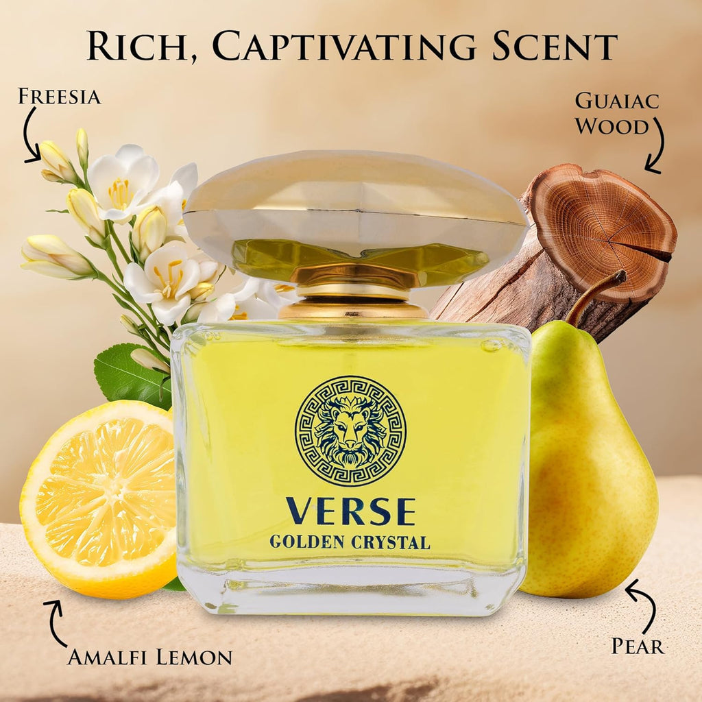 Verse Golden Crystal for Women 3.4 fl Oz - Floral Fruity Fragrance - Top Notes of Amalfi Lemon, Bergamot & Neroli - Base Notes of Guaiac Wood, Amber & Musk - Free of Parabens - Elegant 100ml Bottle