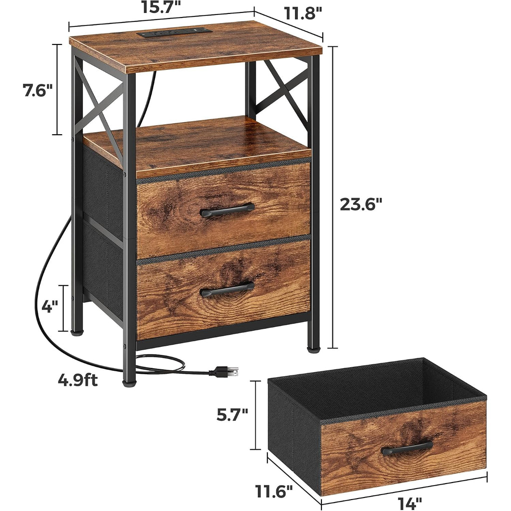 Huuger Nightstands Set Of 2, Night Stand With Charger Station, 2 Drawer Side Table With Open Shelf, Usb-C Port, End Table For Small Spaces, X Shaped Side Rail, Rustic Brown