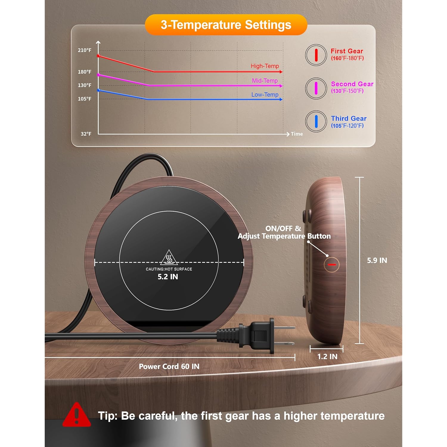 SWEETFULL Coffee Mug Warmer, 36W Electric Cup Warmer for Desk with 3-Temp Settings Advanced Temperature-Controlled Heating Coffee Gifts Accessories for Women Men Milk, Tea, Candle - Wood