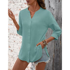 Lomon 3/4 Length Sleeve Womens Tops V Neck 3/4 Sleeve Sides Slit Button Down Shirts Cotton Linen Casual Loose Blouses