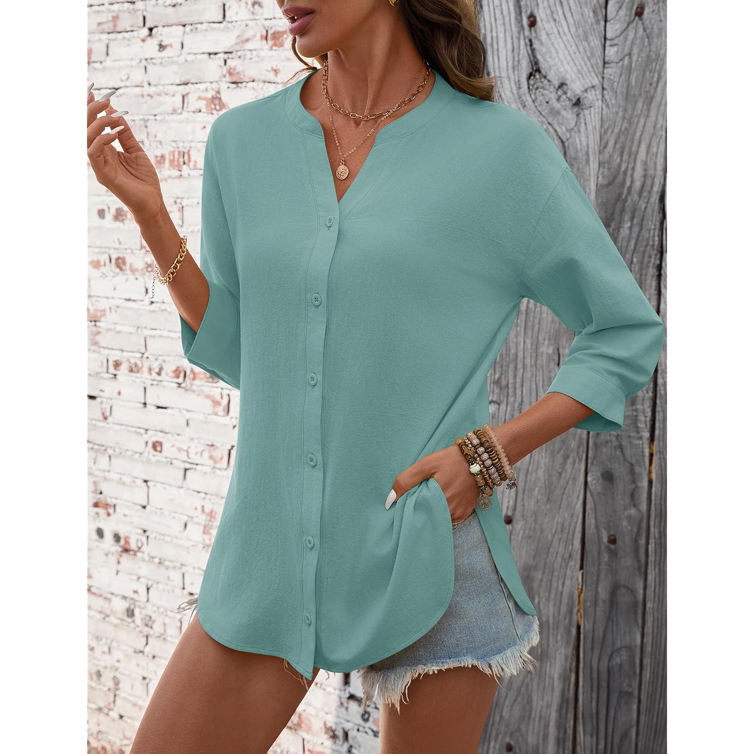 Lomon 3/4 Length Sleeve Womens Tops V Neck 3/4 Sleeve Sides Slit Button Down Shirts Cotton Linen Casual Loose Blouses