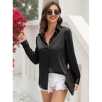 Cunlin Womens Soft Satin Silk Leopard Button Down Shirts For Women Silky Long Sleeve Work Shirt Dress Blouses Tops