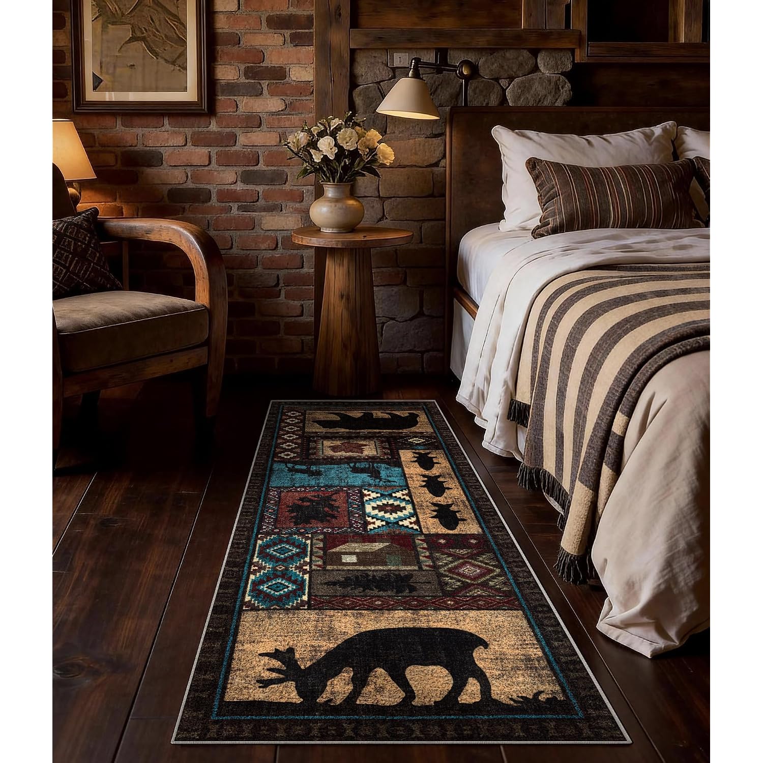 Hallway Runner Rug 2X6 Indoor Door Mat - Bear Rustic Cabin Non-Slip Entryway Rug, Low Pile Tribal Print For Kitchen, Bedroom