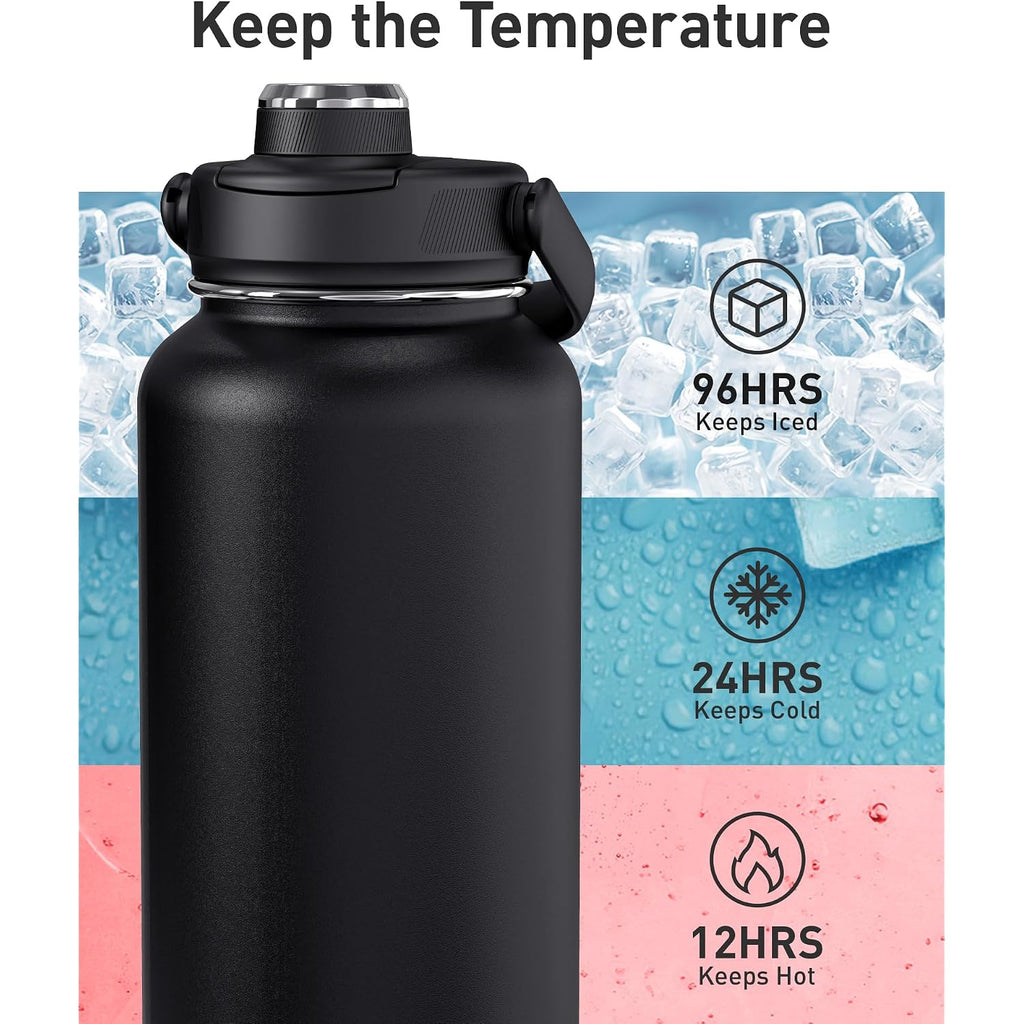 Tourit 32 Oz Insulated Water Bottle, Stainless Steel Sports Water Bottles With Top Handle, Double-Wall Travel Thermal Water Flask, Bpa Free Leakproof Water Bottle For Sports And Travel (Obsidian)