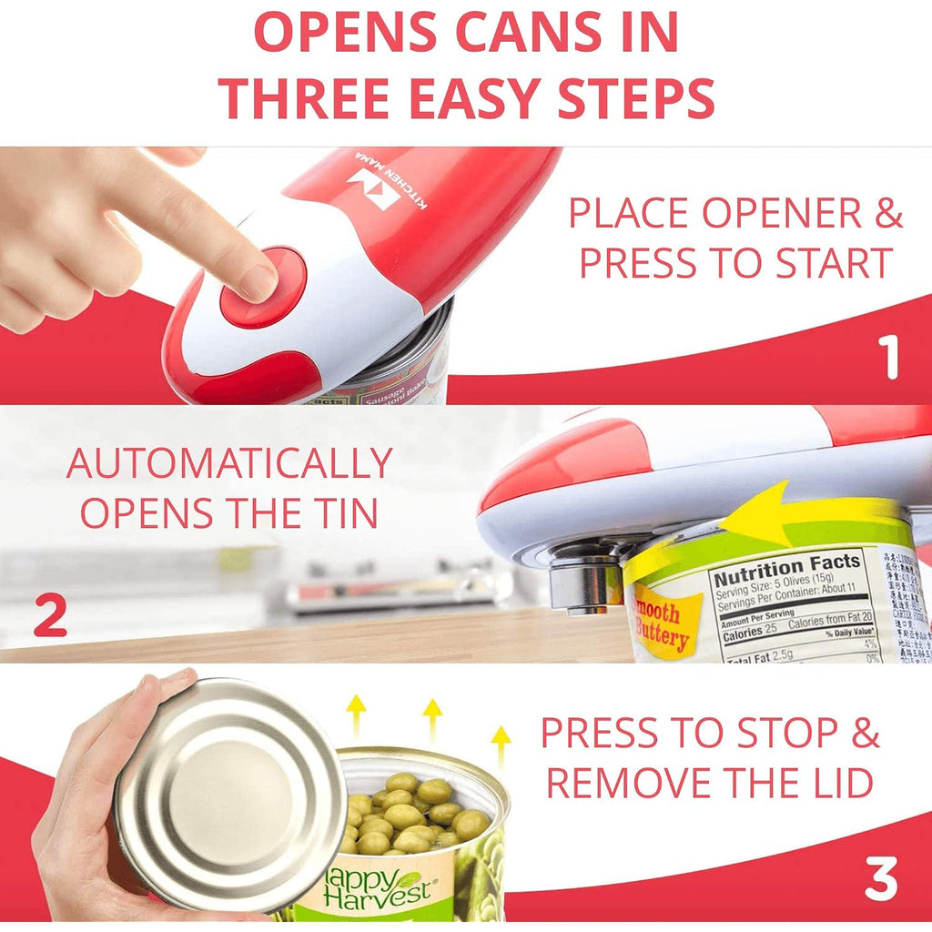 Kitchen Mama Auto Electric Can Opener, Red | Automatic, Hands Free, Smooth Edge, Food-Safe, Battery Operated