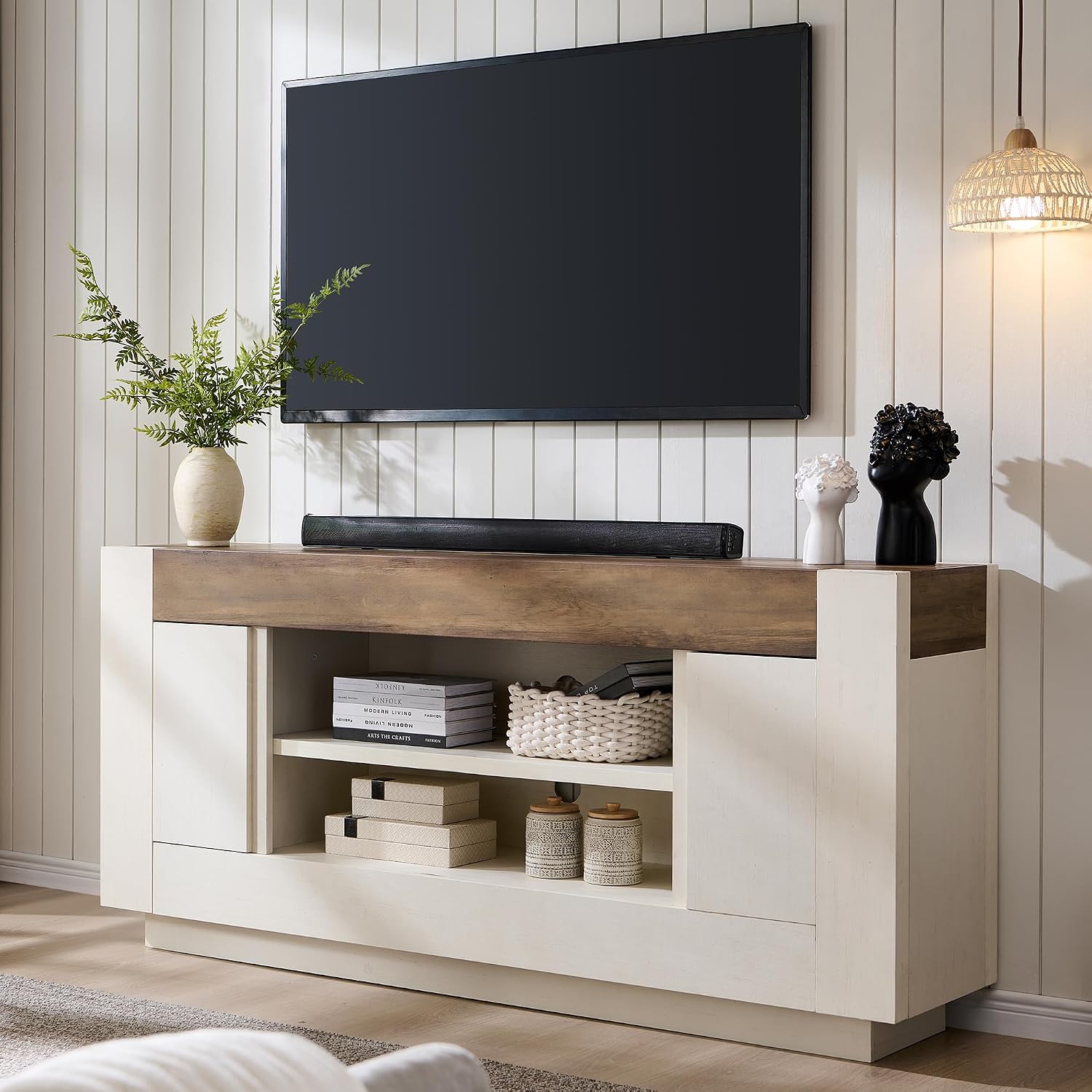 Okd Modern 70" Tv Stand, Entertainment Center For Tvs Up To 80", Media Console With Large Open Storage & Side Cabinets, Thick Wood Design For Living Room, Antique White
