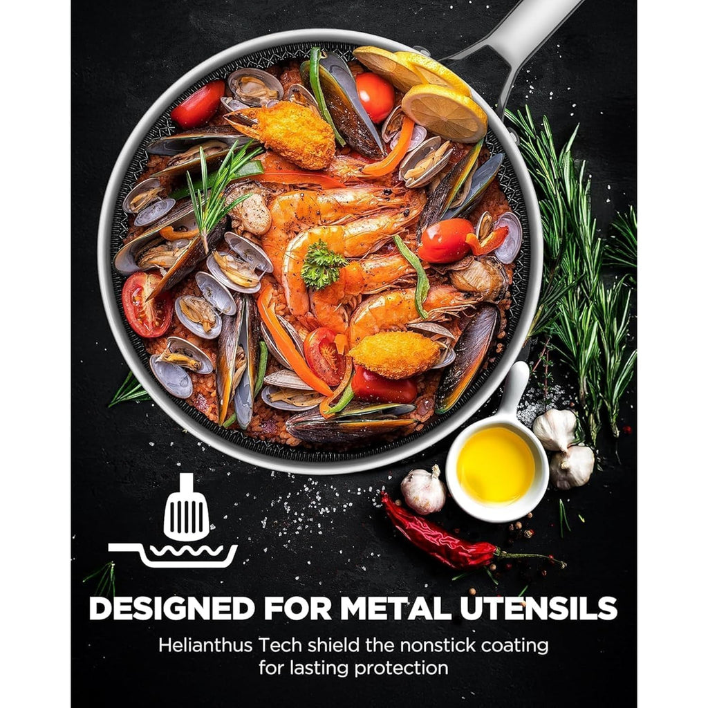 Frying Pans Non Stick, Hybrid Ceramic With Lid, 12 Inch Tri-Ply Stainless Steel Skillet, Non-Toxic, PFAS/PFOA/PTFE Free, Metal Utensil Safe, Dishwasher & Oven Safe