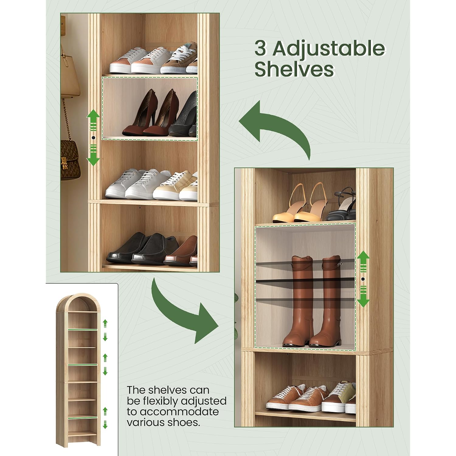 71" Tall Arched Shoe Cabinet, 8-Tier Shoe Storage Cabinet, Shoe Rack With 3 Adjustable Shelves, Freestanding Shoe Organizer For Entryway, Foyer, Hallway, And Living Room, Natural Msc04Nl