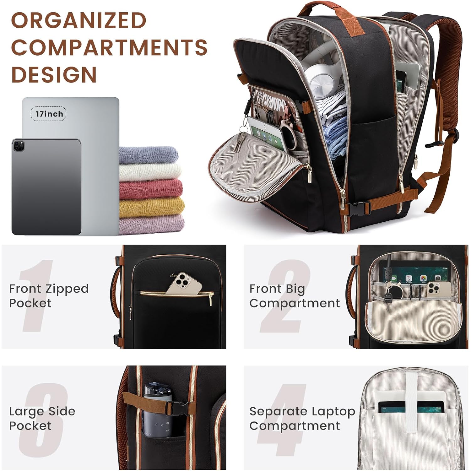 Lovevook 40L Large Travel Backpack For Women Men, 17 Inch Carry On Backpack For Traveling On Airplane, Personal Item Bag Airline Approved, Business Causal Weekender Backpack, Black-Brown