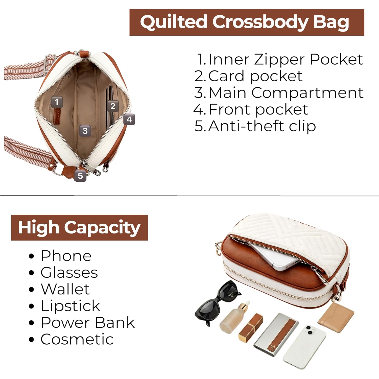 Vantamo Premium Quilted Crossbody Bags For Women With Anti-Pickpocket Clip, Vegan Leather Handbags, Travel Purses For Women