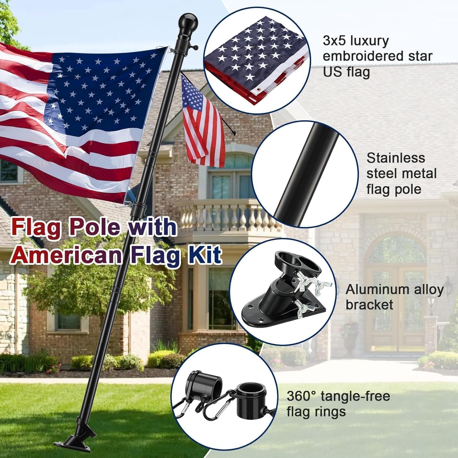 American Flag With Pole - Includes 5Ft Heavy Duty Flag Pole Holder For Outside House,3X5 Embroidered Us Flag And Wall Mount Bracket,Tangle Free Flagpoles Kit For Porch,Garage,Outdoor