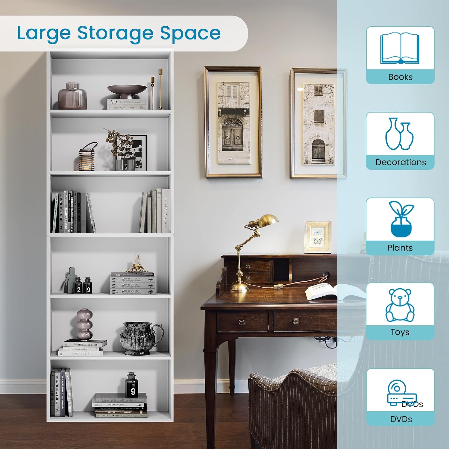 71" Tall 6-Tier Bookshelf, Large Open Display Bookcase With Ample Storage, Floor Standing Book Shelf For Living Room, Home Office, Bed Room, White