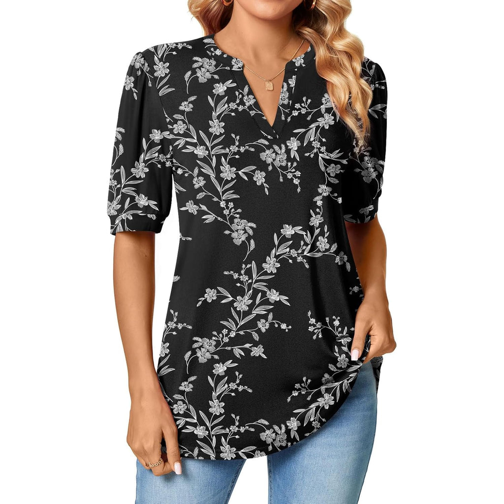Womens Tunic Tops Summer Dressy Casual Puff Short Sleeve Shirts Work Business Blouses