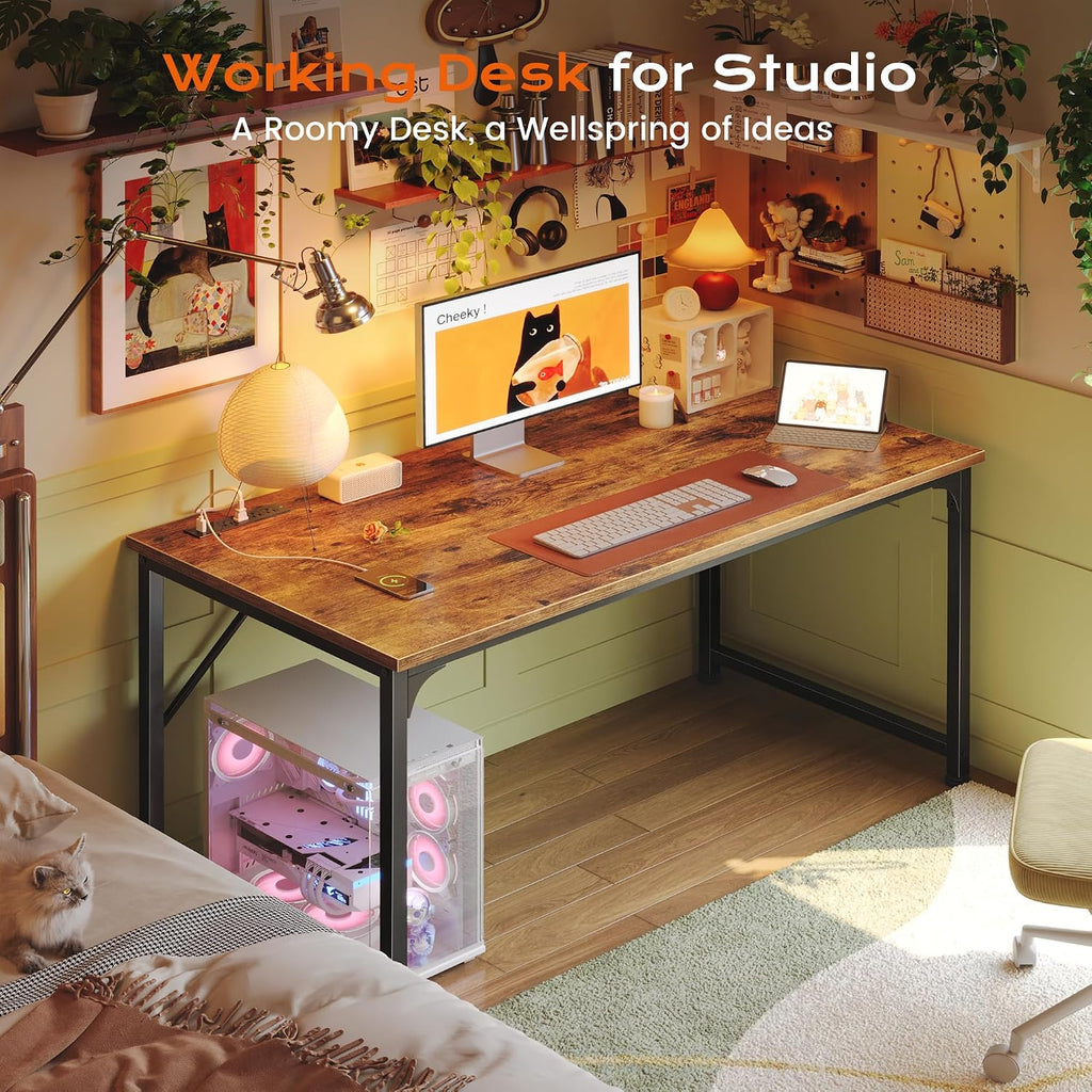 47 X 24 Inch Deeper Desk With Power Outlets | Computer Desk For Bedroom, Office Desk For Work From Home, Writing Study Gaming Table, Stable Metal Frame, Rustic Brown