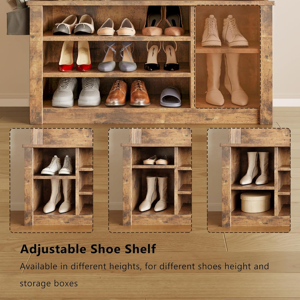 Aiho Entryway Hall Tree with Bench and Storage, 3-in-1 Hall Tree with Coat Rack, Adjustable Shoe Bench, 2-Tier top Storage, for Hallway, Entryway, Bedroom, Rustic Brown
