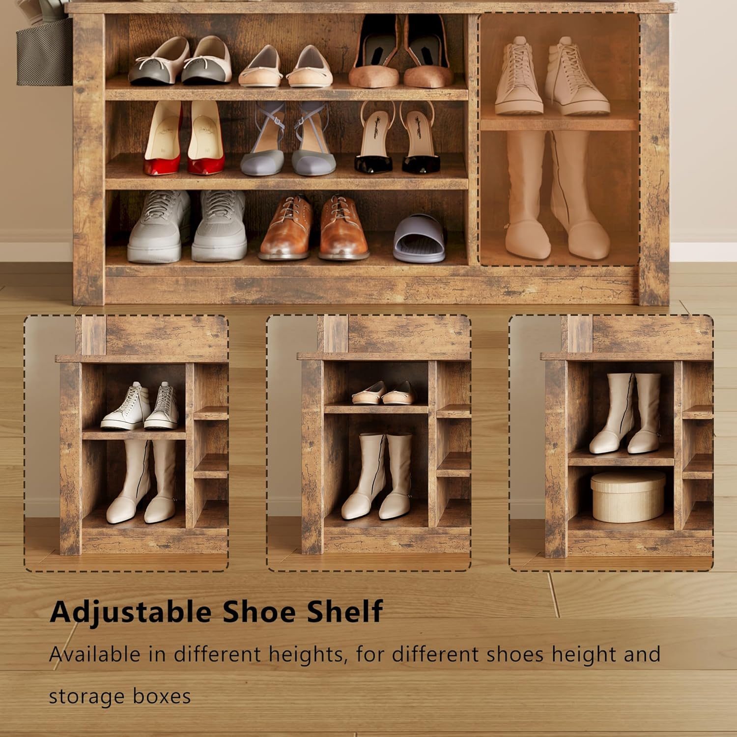 Aiho Entryway Hall Tree with Bench and Storage, 3-in-1 Hall Tree with Coat Rack, Adjustable Shoe Bench, 2-Tier top Storage, for Hallway, Entryway, Bedroom, Rustic Brown