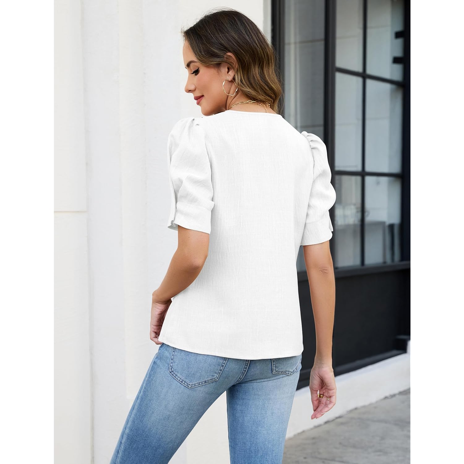 Womens Dressy Casual Blouses Puff Short Sleeve Button Down Shirts Business Work Summer Tops 2026