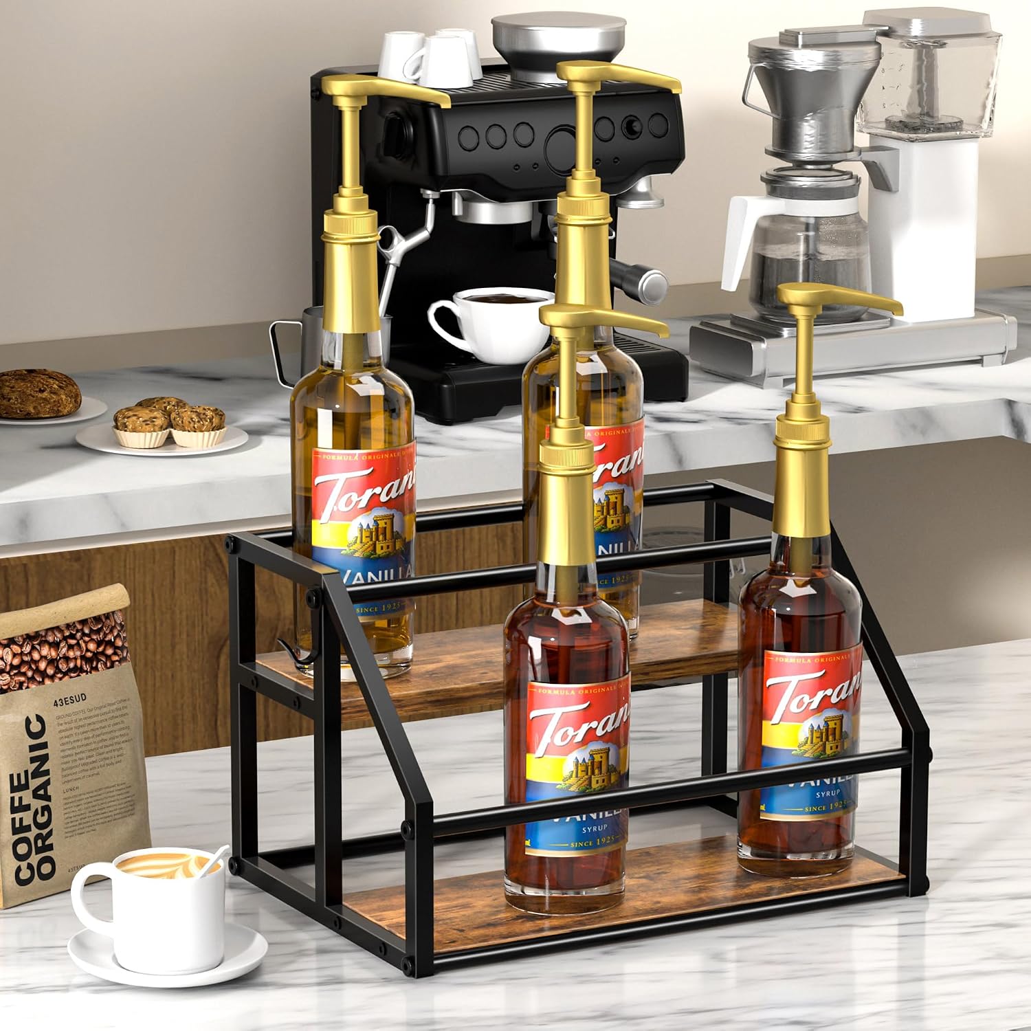 Coffee Syrup Rack Organizer, Syrup Bottle Holder Stand For Coffee Bar, 2-Tier 8 Bottles Storage Shelves For Syrup, Wine, Dressing For Kitchen Countertop, Rustic Brown & Black