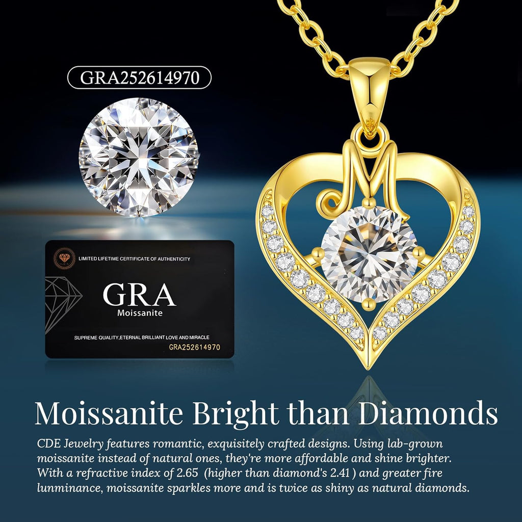 CDE Mothers Day Gifts 18K Gold Plated Initial Love Heart 2 Carat Moissanite Necklaces for Women 925 Sterling Silver Jewelry Christmas Anniversary Birthday Present Gifts for Wife Lady Girlfriend Her