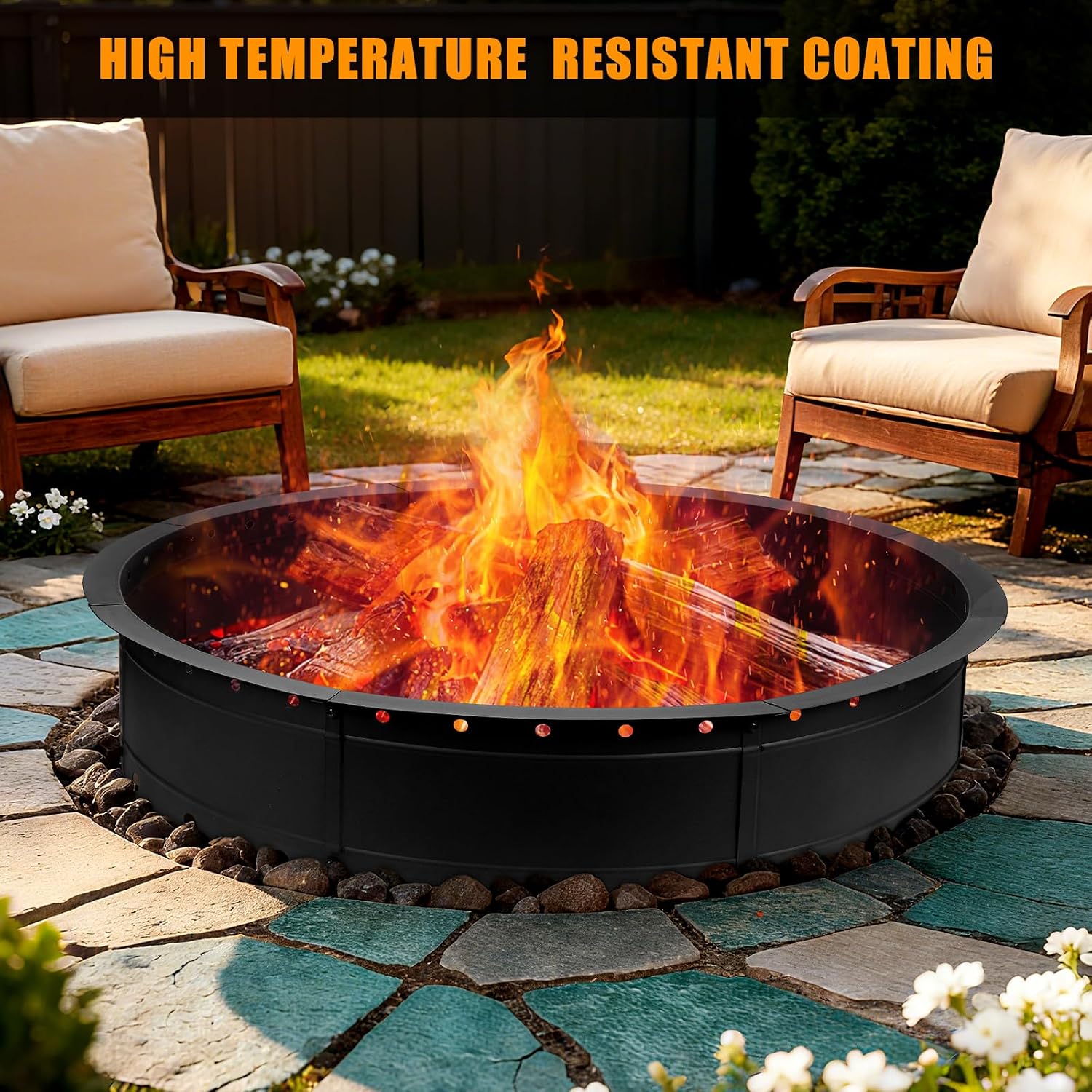 36 Inch Fire Pit Ring, Large Outdoor Campfire Pit For Patio Backyard Garden, Smokeless Steel Firepit With Air Vent For Efficient Burning & Anti-Rust Coating, Black Steel