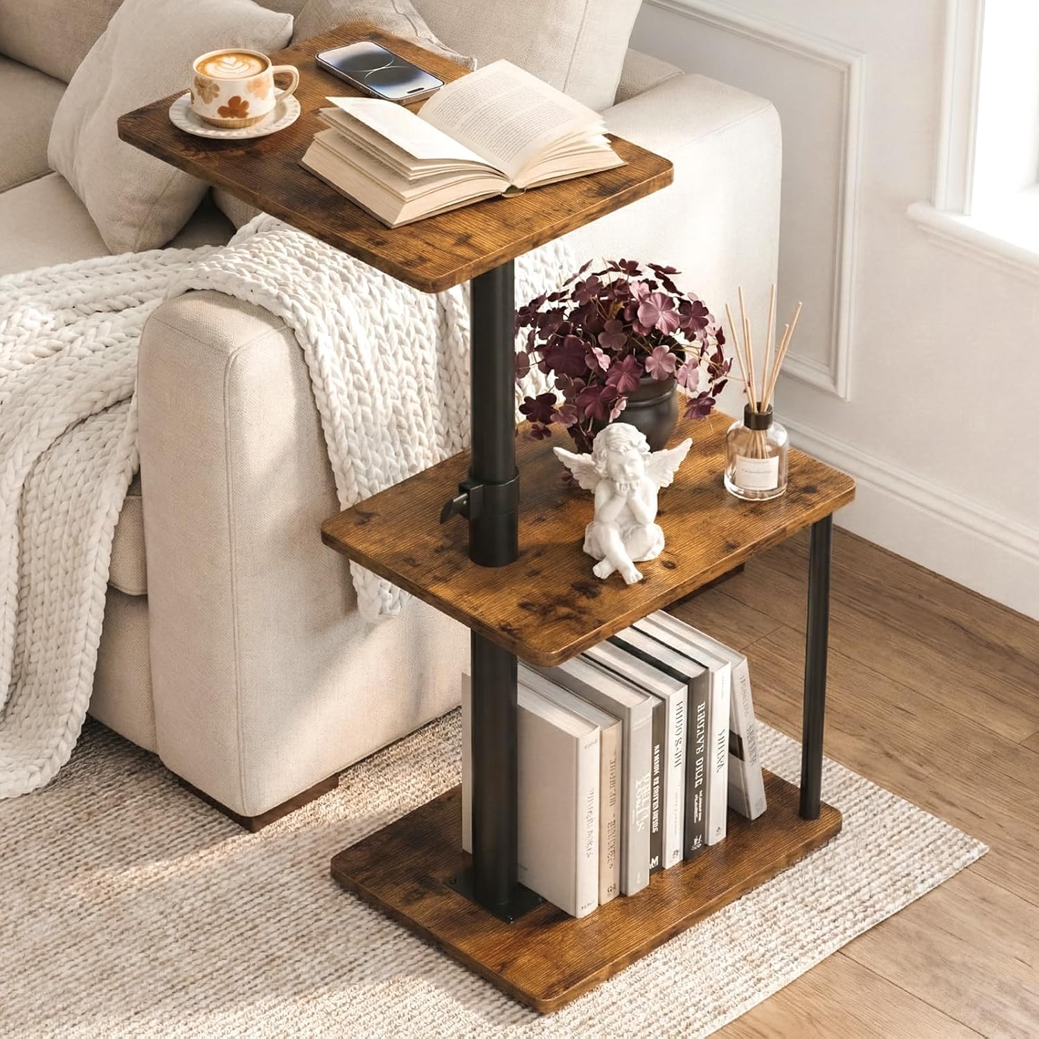 360° Swivel Side Table For Height Adjustable, C Shaped End Table For Couch With Storage, 3-Tier Night Stand With Open Shelf, Tv Tray For Small Spaces, Living Room, Bedroom, Rustic Brown