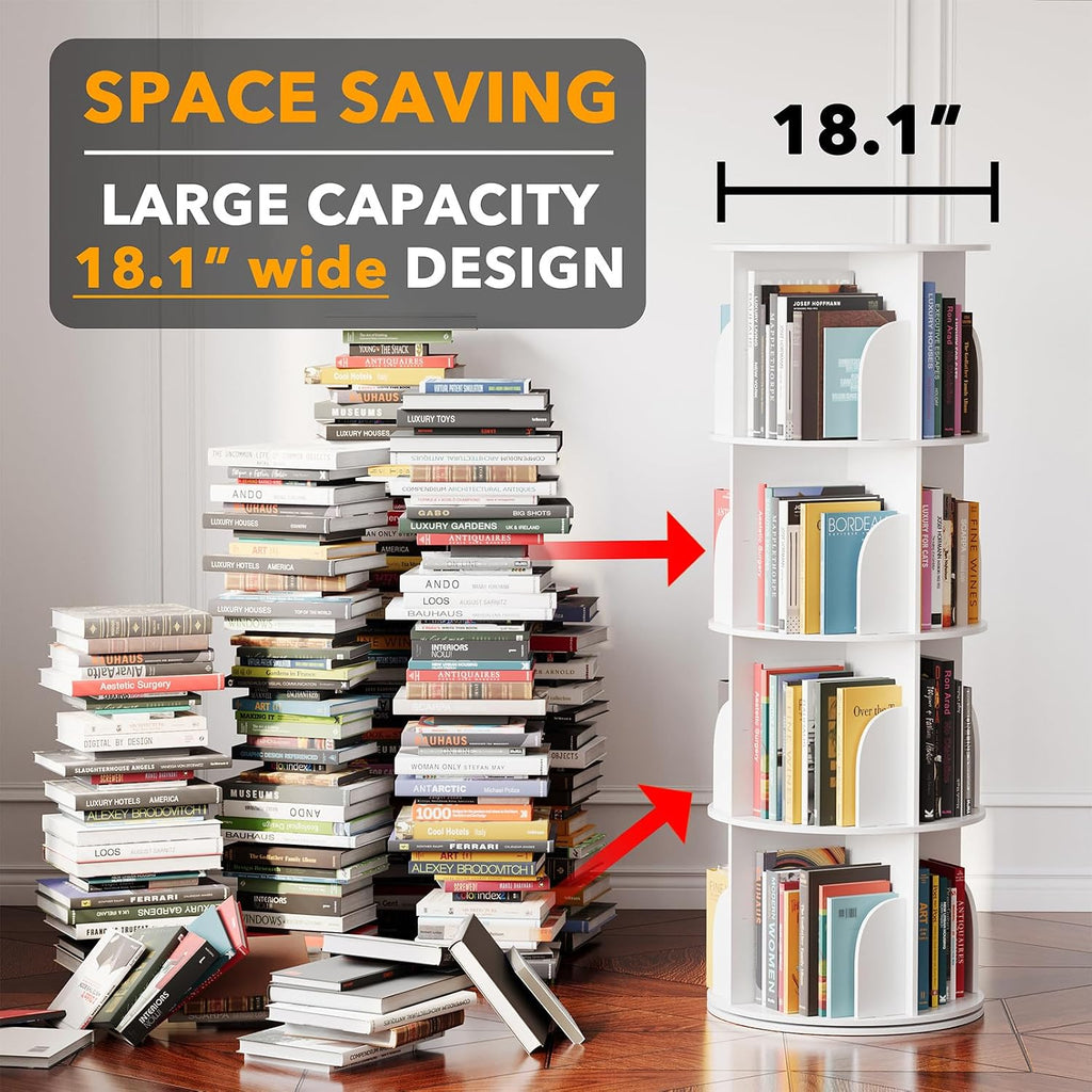 Spaceaid 4 Tier Rotating Bookshelf Tower, Spinning Bookcase Lazy Susan, Revolving 360 Book Shelf Storage Round Carousel, Vertical Rotate Turning Spiral Corner Organizer, White