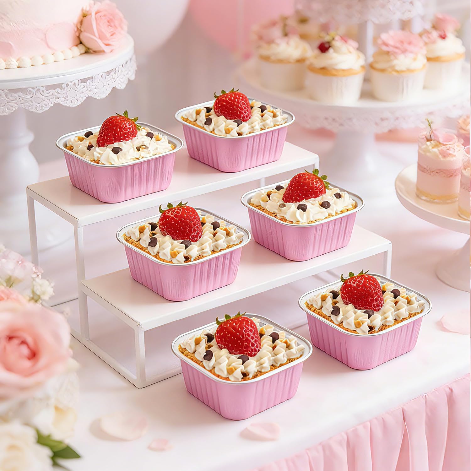 NPLUX 50 Pcs Mini Cake Pans with Lids and Spoons Aluminum Foil Mini Square Baking Cups with Lids Disposable Ramekins Cake Pans Dessert Cups for Wedding(Pink,5oz)