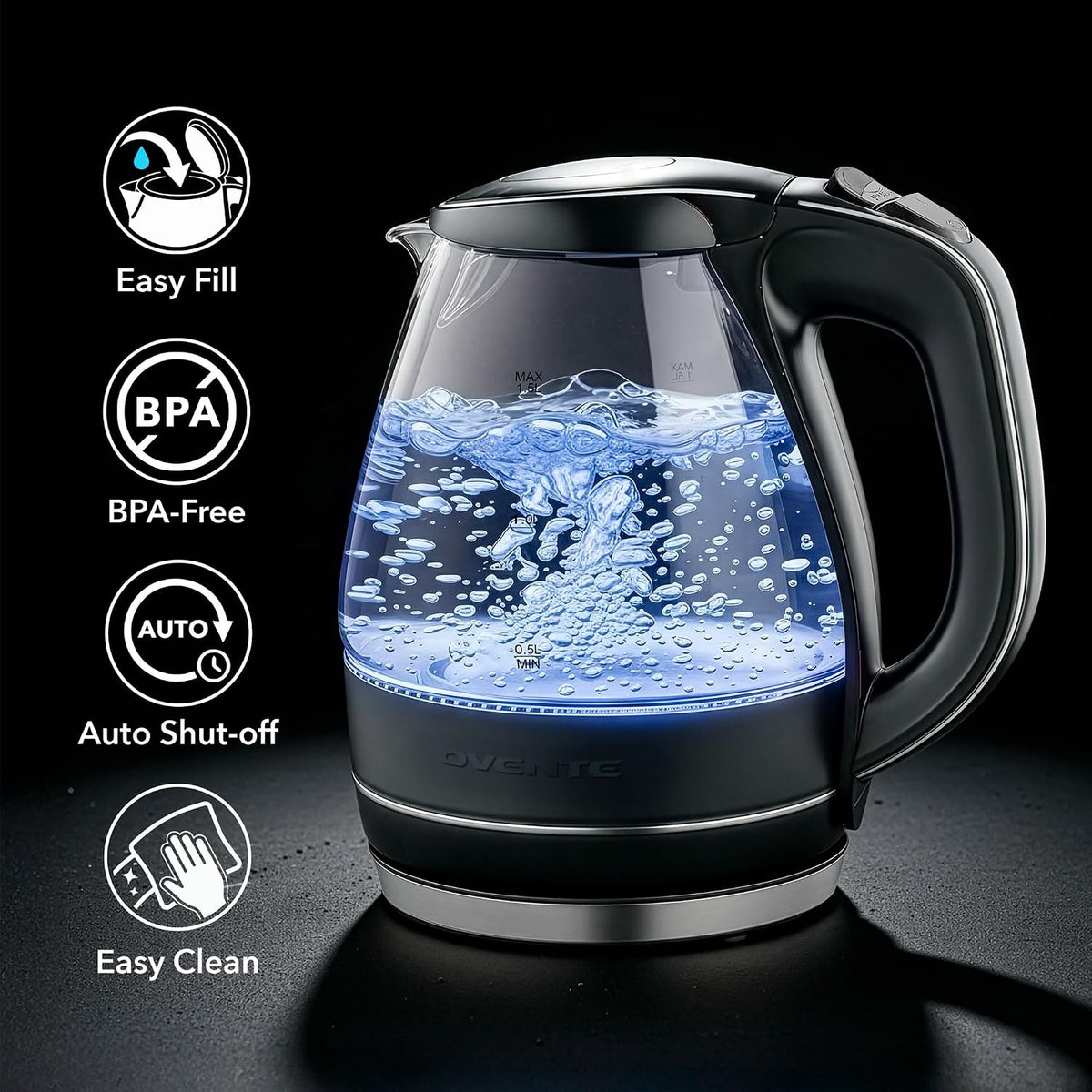 Ovente Electric Kettle, 1.5L Borosilicate Glass Countertop Water Heater And Boiler For Coffee Or Tea, Bpa-Free, Auto Shut-Off, Boil-Dry Protection, Removable And Washable Spout Filter, Black Kg83B