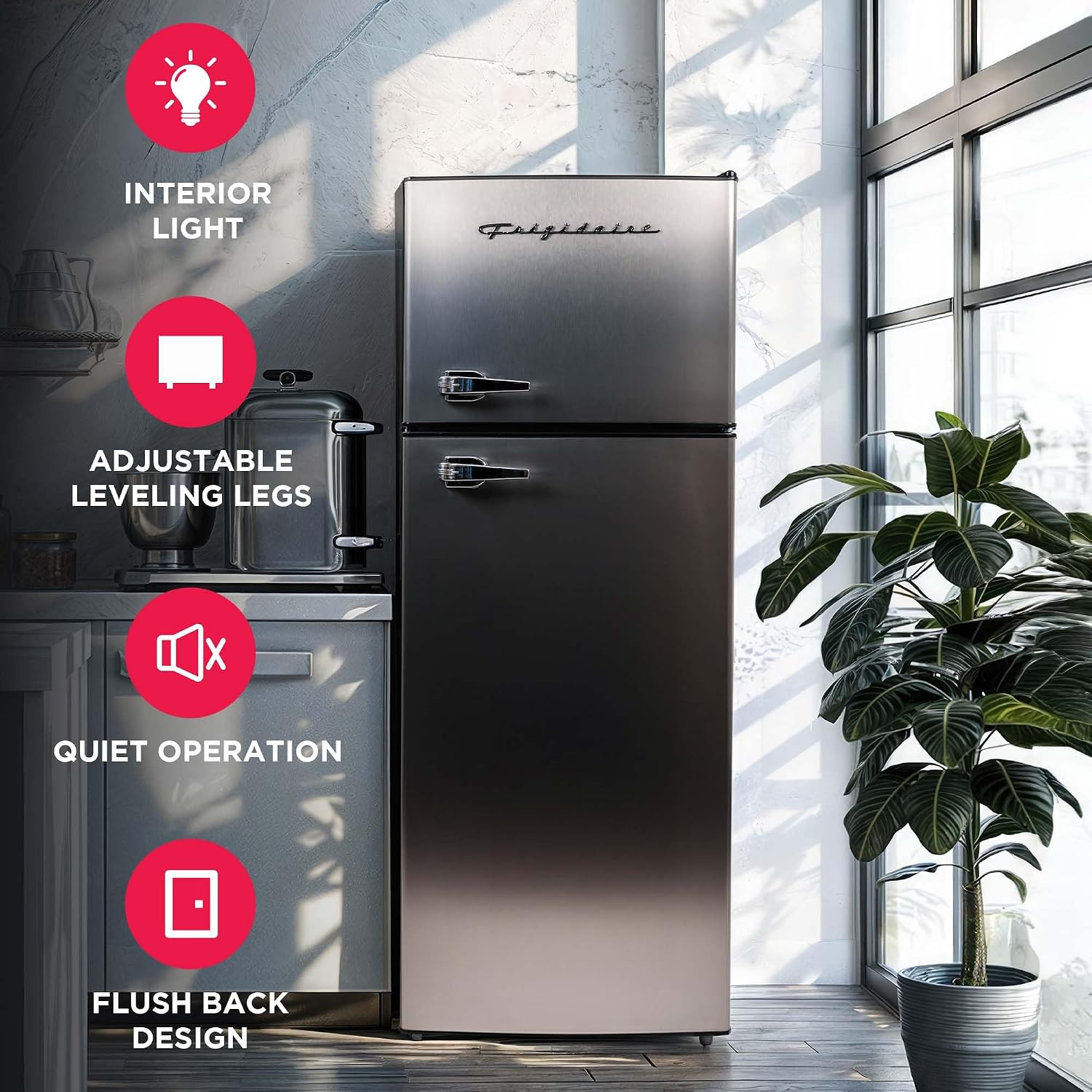 Frigidaire, 2 Door Apartment Size Refrigerator/Freezer Combo, 7.5 Cu Ft, Platinum Series, Stainless, 23" D X 21.5" W X 55.5" H