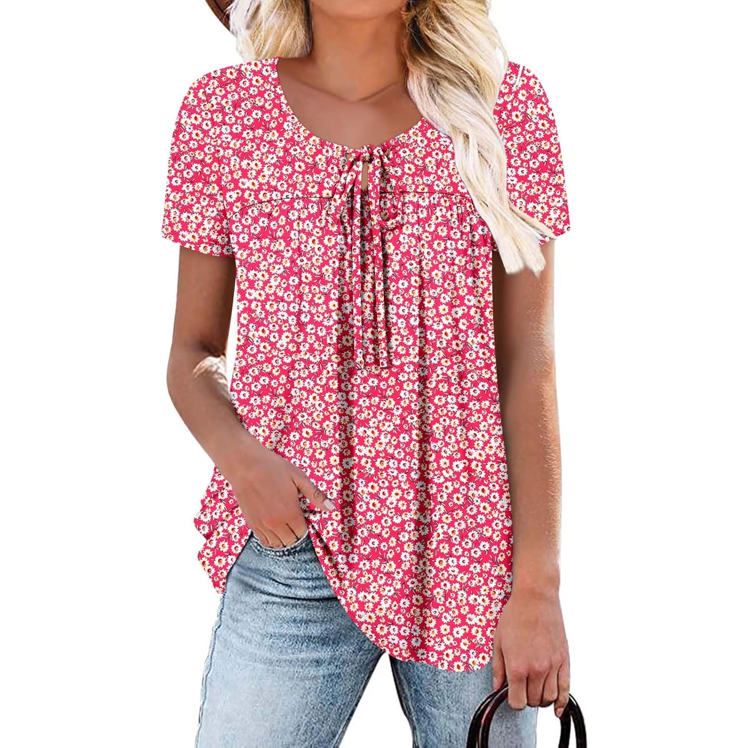 Womens Summer Tops Corded Short Sleeve Tunic Shirts Pleated Crewneck Corded Tops Blouses S-3XL