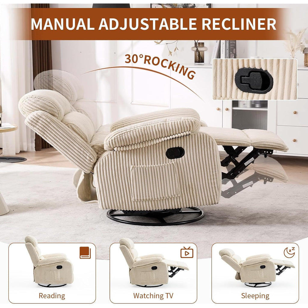 Adult 360° Rocking Recliner Chair，Nursery Rocker Reclining Chair With Side Pocket, A Comfy Upholstered Single Sofa Armchair. Suitable For Living Room, Bedroom Nursing Use, Velvet Fabric In Beige
