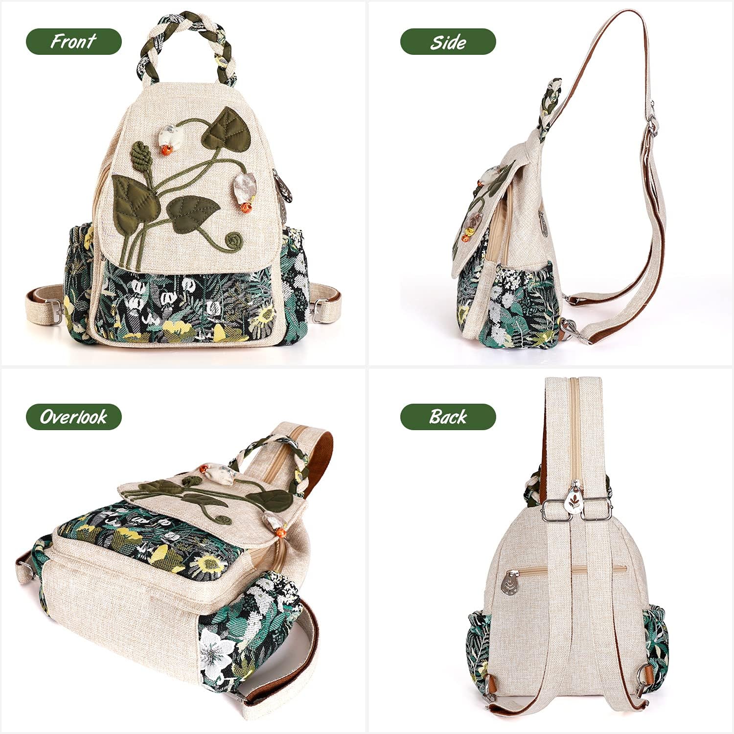 Girl's Convertible Sling Bag, Hand Craft Artisan Purse, Beautiful Canvas Premium Casual Day Mini Backpack for Women (Green Marsh)