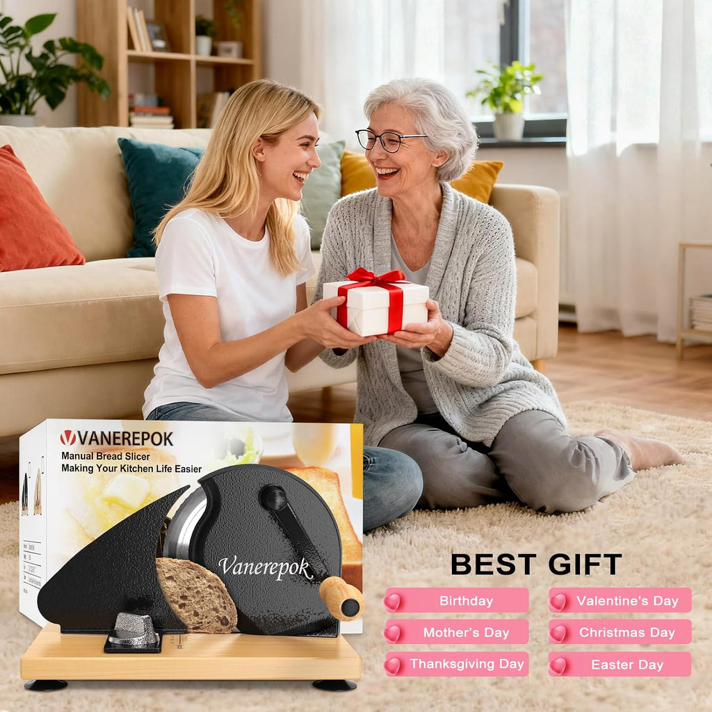Manual Bread Slicer Adjustable Thickness For Homemade Sourdough | Hand Crank Bread Cutter With Scale & Stable Suction Cups & Wood Base For Even Slicing Perfect Baking Gift For Home Bakers
