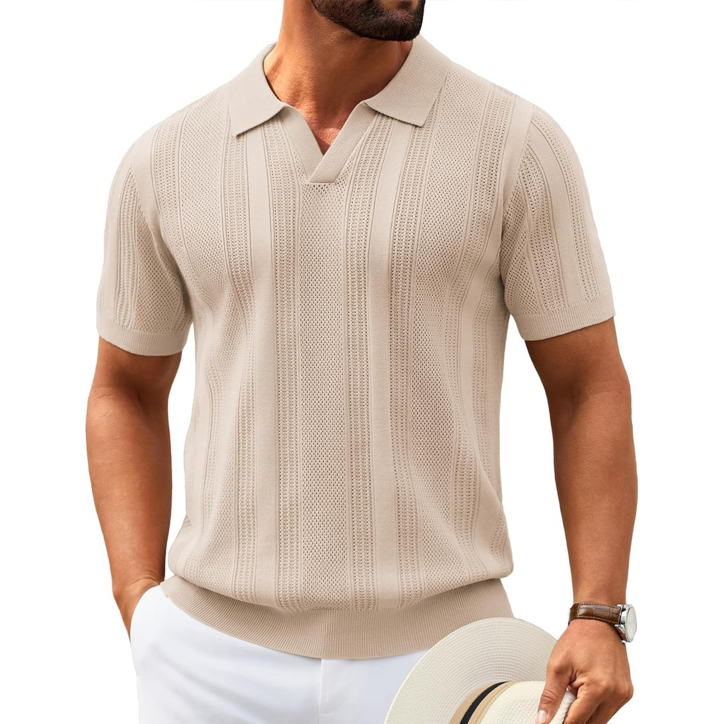 Coofandy Mens Knit Polo Shirts V Neck Textured Polo Shirts Short Sleeve Breathable Polo Casual Collared T Shirt Fashion Tops
