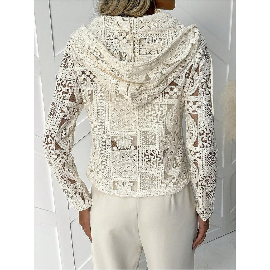 Gorglitter Women'S Lace Cardigan Jacket Zip Up Crochet Sheer Vacation Cruise Going Out Long Sleeve Hooded Tops
