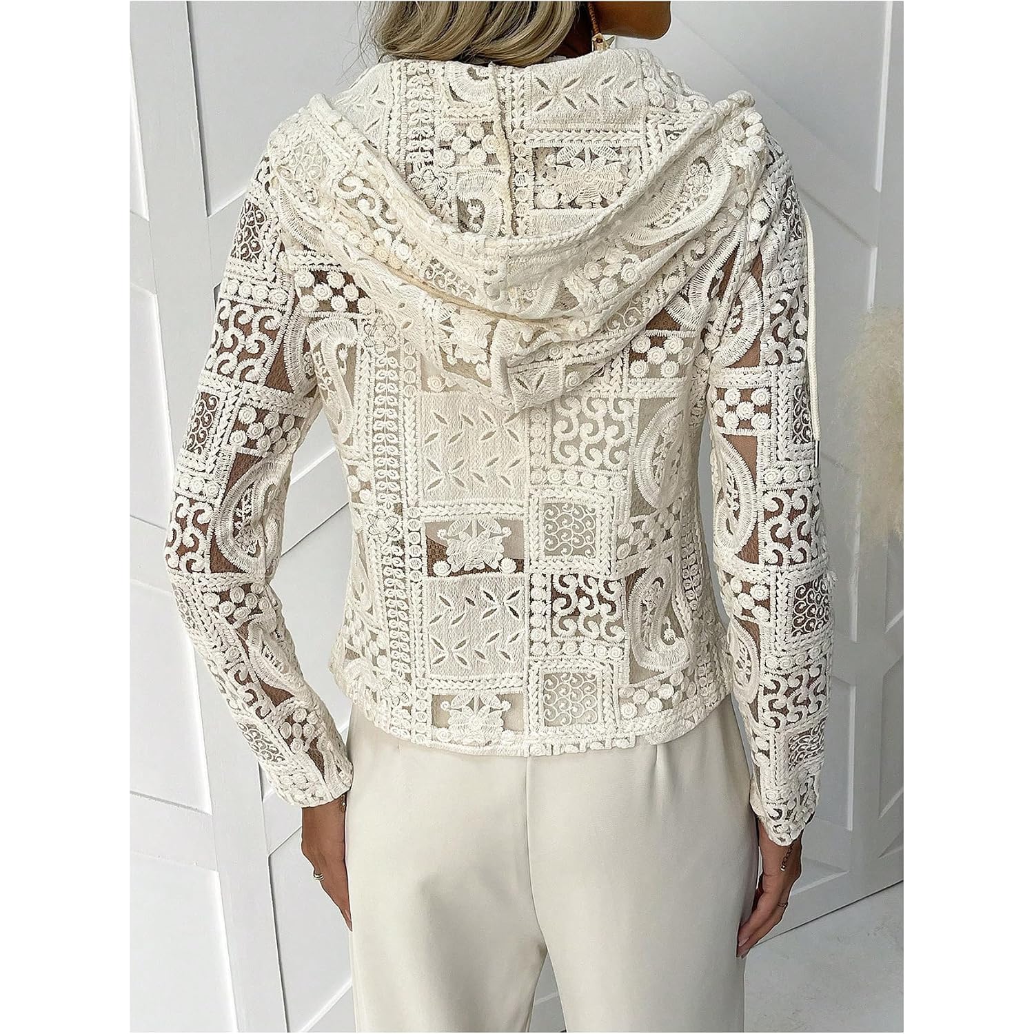 Gorglitter Women'S Lace Cardigan Jacket Zip Up Crochet Sheer Vacation Cruise Going Out Long Sleeve Hooded Tops