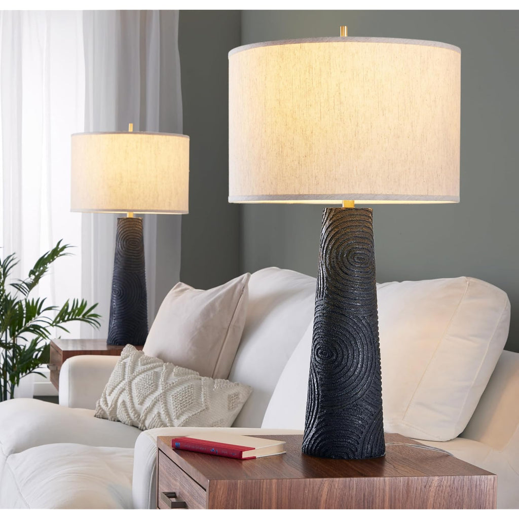 Lumisource Kona 31" Contemporary Polyresin Table Lamp In Matte Black Polyresin, Modern Brass And Natural Linen Shade From Grandview Gallery Set Of 2