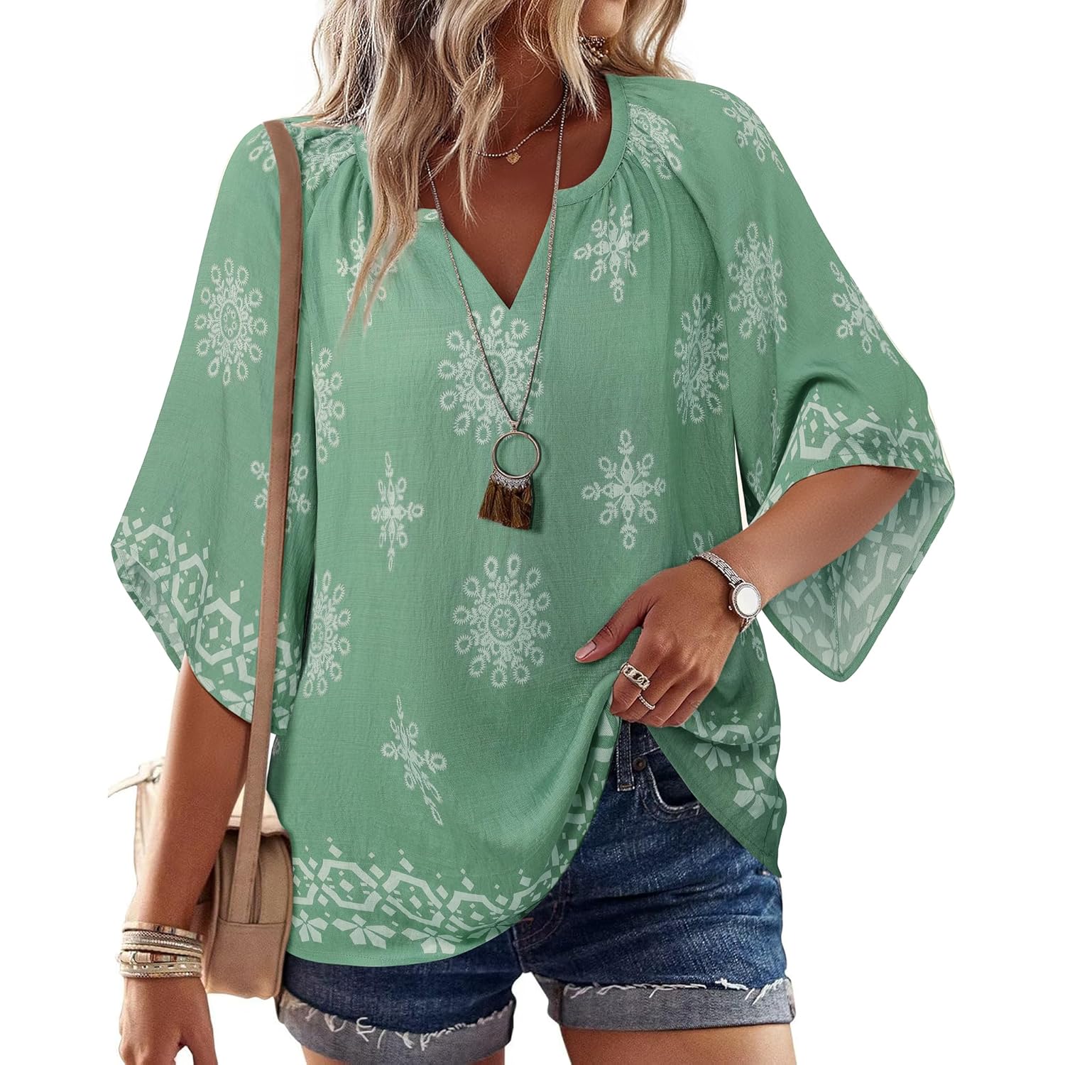 Womens 3/4 Sleeve V Neck Bohemian Peasant Blouses Casual Loose Fit Tunic Tops