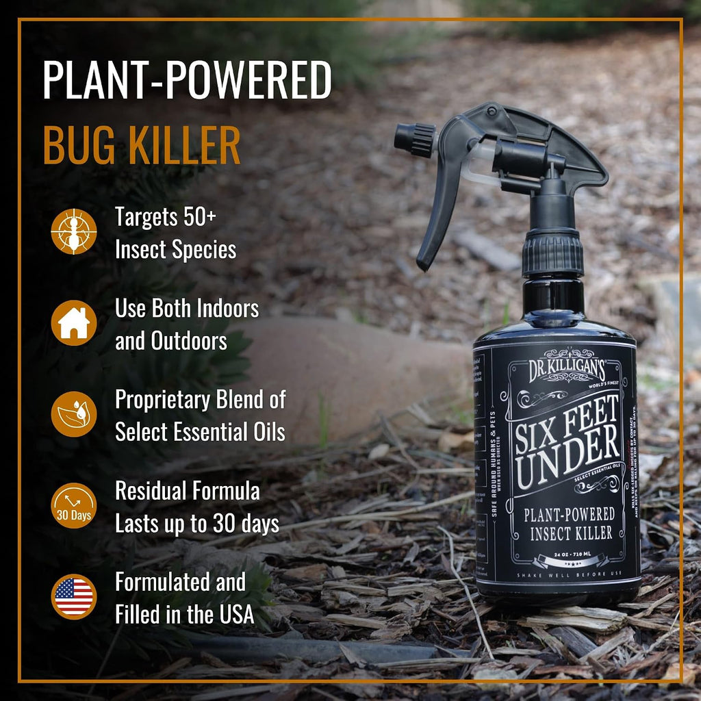 Dr. Killigan'S Six Feet Under Plant Powered Insect Killer Spray | Indoor Natural Pest Control | Fleas, Pantry & Clothing Moths, Ants, & Cockroaches | Family Friendly, Pet Safe (24 Oz)